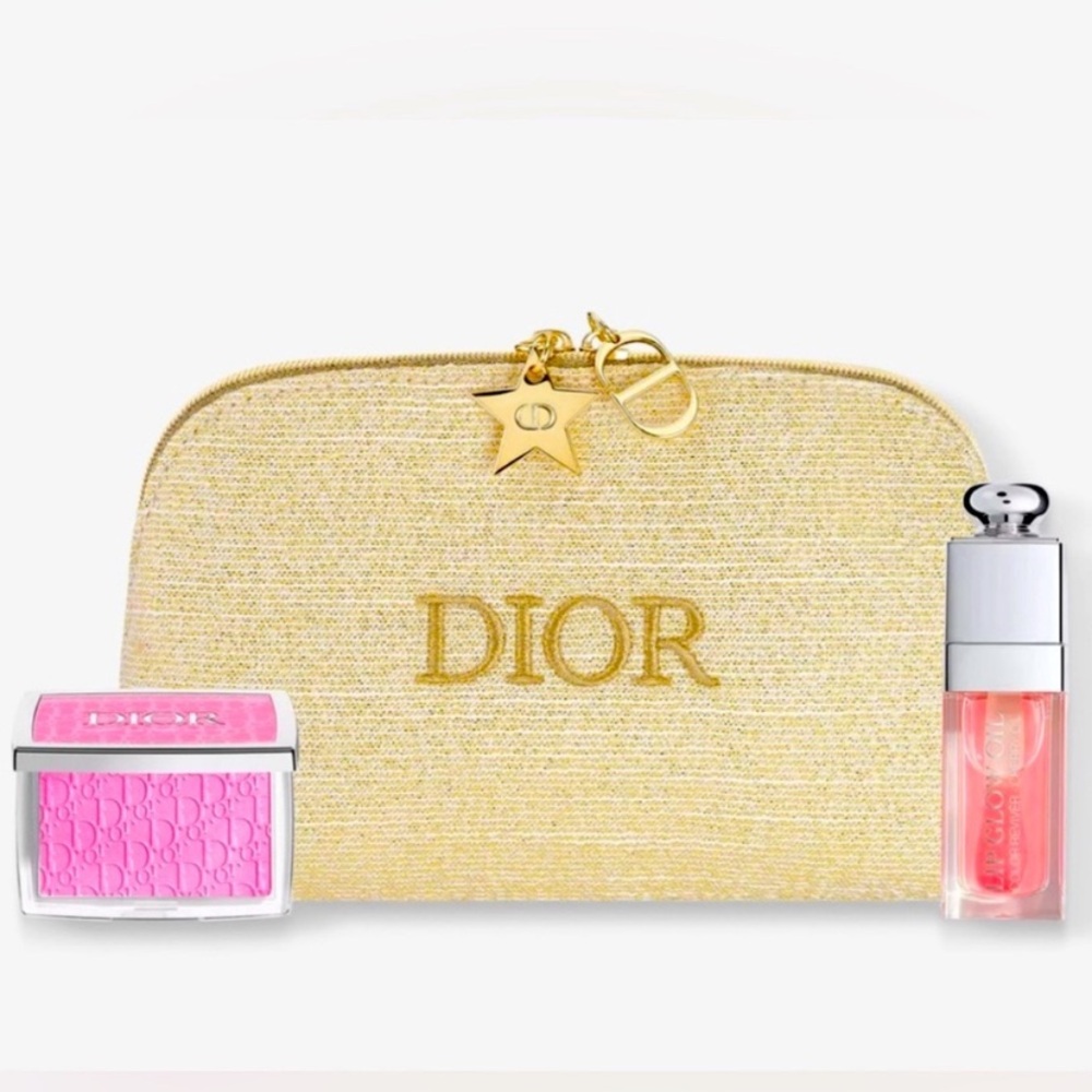 3 piece Dior gold cosmetic pouch with Pink Lip Gloss and Rosy Glow Blush bundle